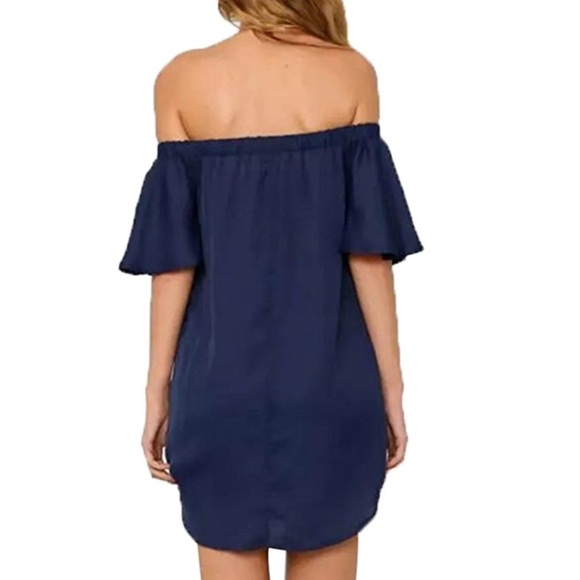 Off Shoulder Floral Print Navy Blue Mini Dress - Picture 3 of 8